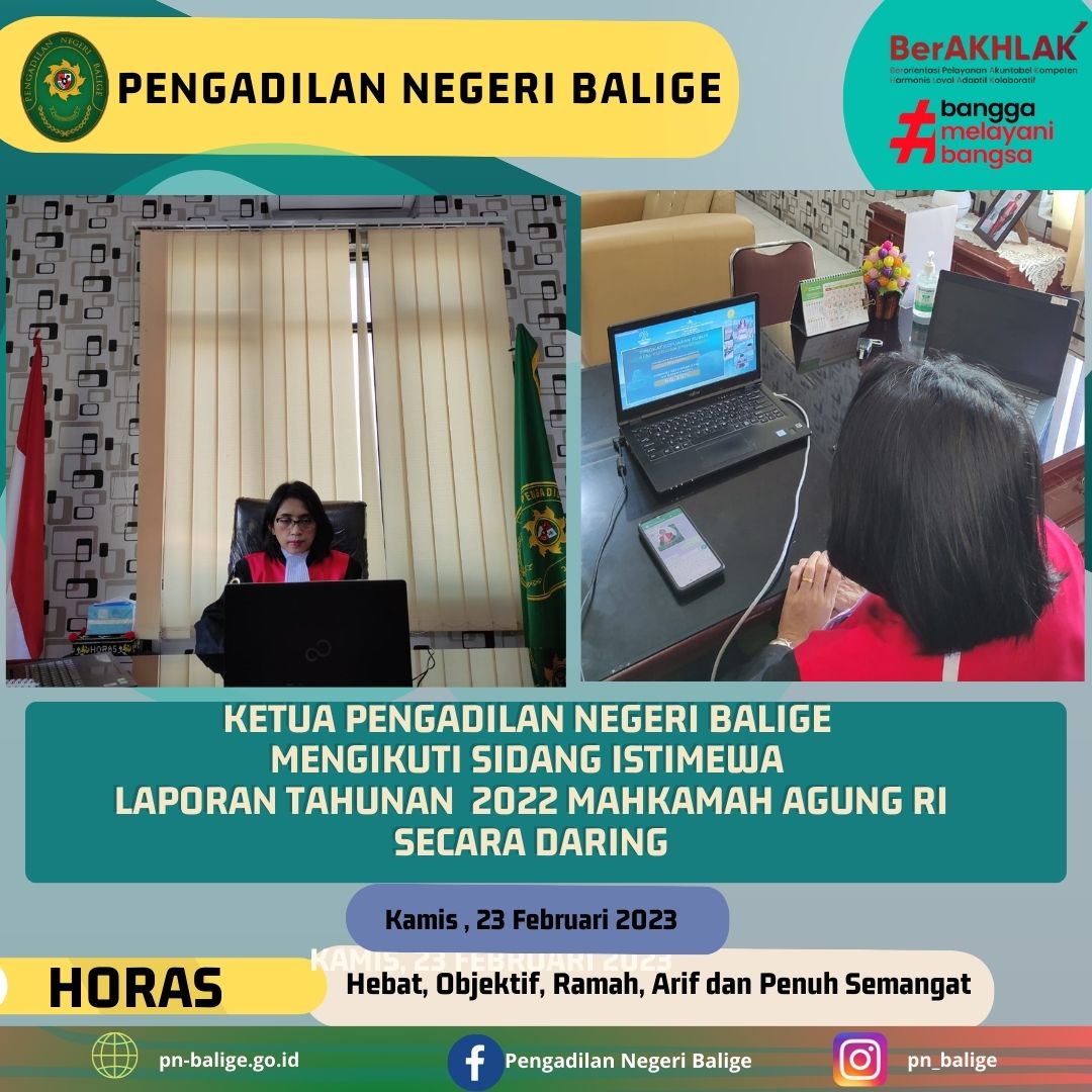 KETUA PENGADILAN NEGERI BALIGE  MENGIKUTI SIDANG ISTIMEWA  LAPORAN TAHUNAN  2022 MAHKAMAH AGUNG RI SECARA DARING